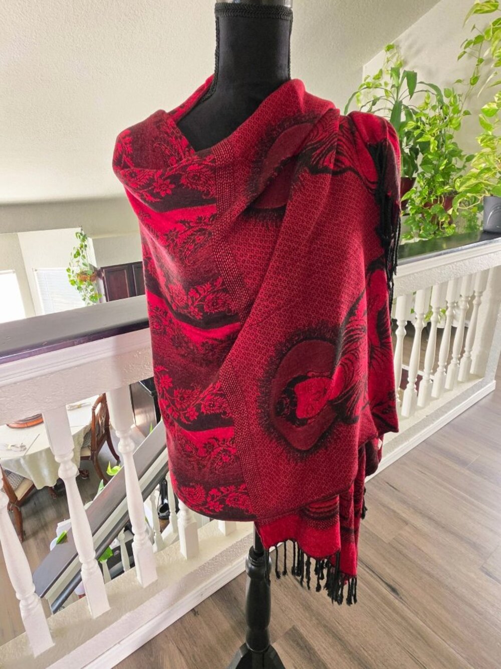 Buddha Pattern Red & Black Rayon Shawl Scarf Wrap With Fringe - 70" x 26" - Picture 8 of 12
